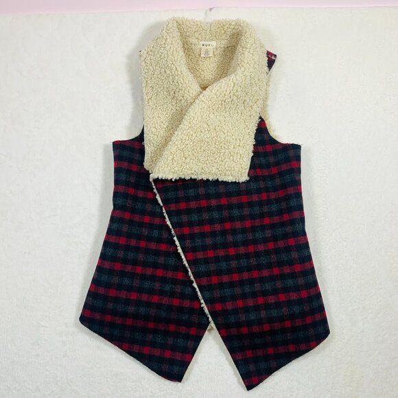 RUYI Sherpa Lined Open Front Plaid Vest One Size - Picture 3 of 16